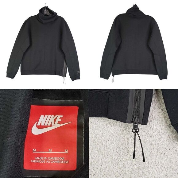 Nike Tech Fleece Turtleneck Pullover Black Sweater Womens Size Medium Side Zip - Picture 1 of 12